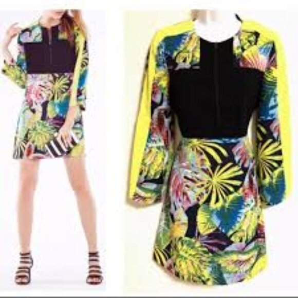 BCBGMAXAZRIA Dress in Fun Rainforest Print with Neon stripe - tropical - small - Picture 4 of 7